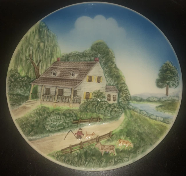 Vintage Majolica Wall Plate Farmhouse Scene - West Germany - 3D - 9" - Beautiful