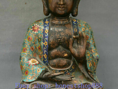 16.8" Old Chinese Bronze Cloisonne Seat Shakyamuni Amitabha Buddha Sculpture 3