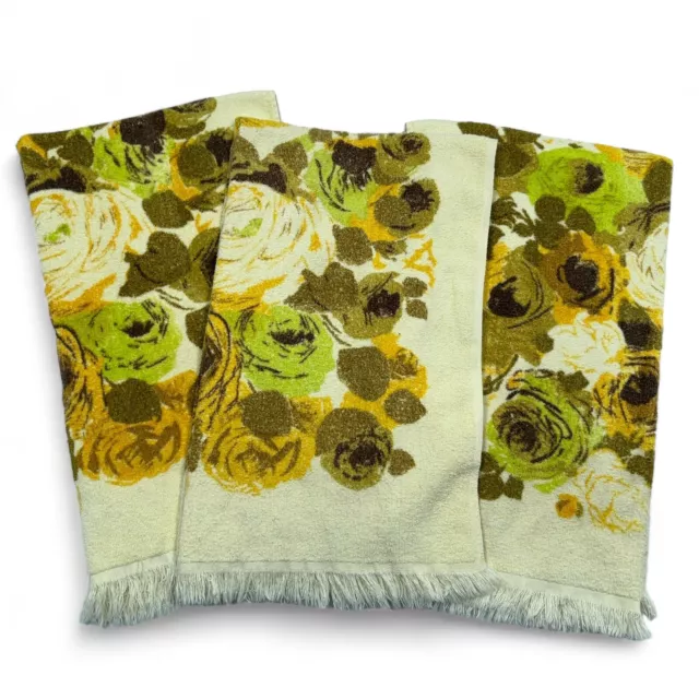 3x Vintage Cannon Monticello Yellow Green Orange Floral Towels 70s 80s 39" x 23"