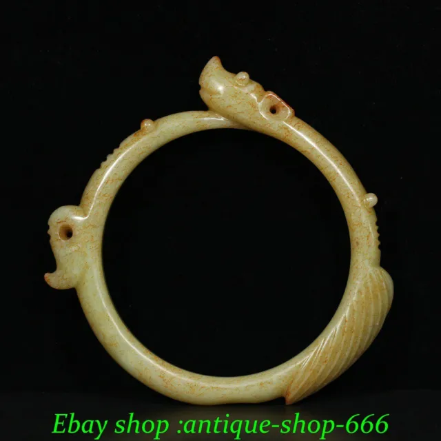 Old Chinese Dynasty Natural Hetian Jade Carve Yu Pig Dragon Hook Bracelet Bangle