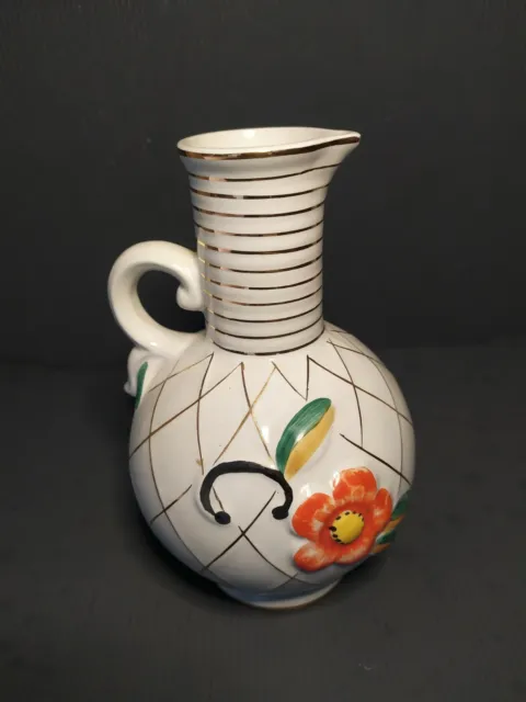 Vintage Hand Painted Single Handled Pouring Urn Vase With Gorgeous Flowers