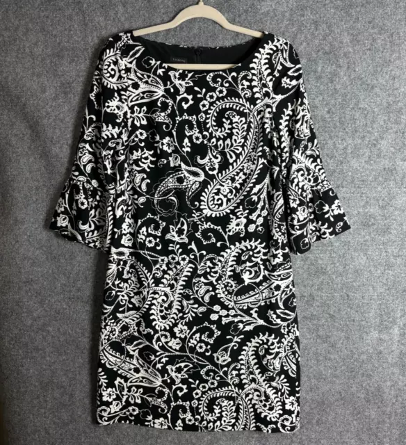 Talbots Dress Women's 4 Black White Floral Paisley Shift 3/4 Bell Sleeves Lined