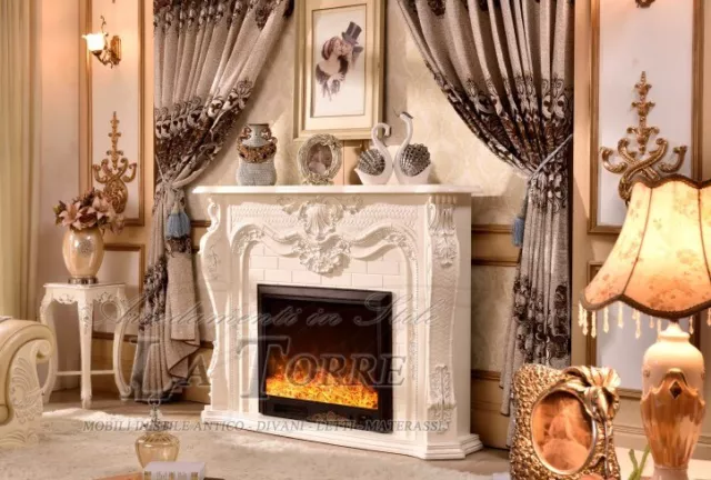 Camino elettrico Kamin fireplace legno massello Barocco Inglese avorio 330