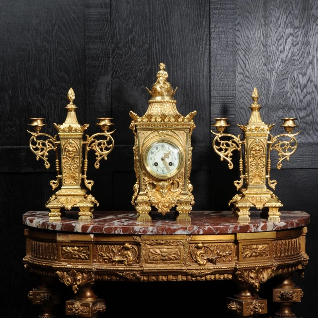 Japy Freres Antique French Louis XVI Gilt Bronze Clock Set