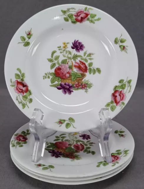 Set of 4 Ridgway Pattern 2/3003 Hand Colored Flowers & Basket 6 1/8 Inch Plates