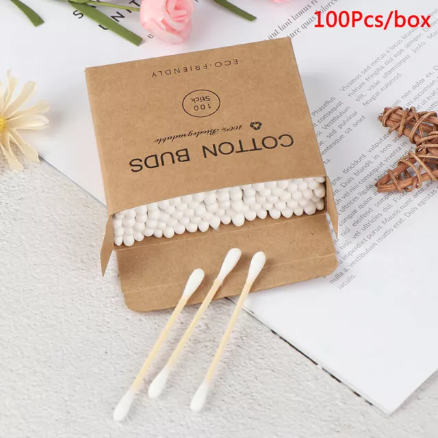 100x Double Head Bamboo Cotton Swab Makeup Buds Wood Sticks Nose Ears Cleanin_FR