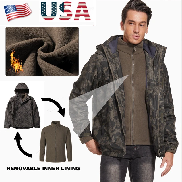 Mens Military Jacket Tactical Coats Fleece Hooded Outdoor Warm Hiking 2 Pieces
