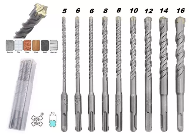 Set 9 Punte Sds Plus In Acciaio Al Carburo Con Testa A 4 Taglienti Per Cemento