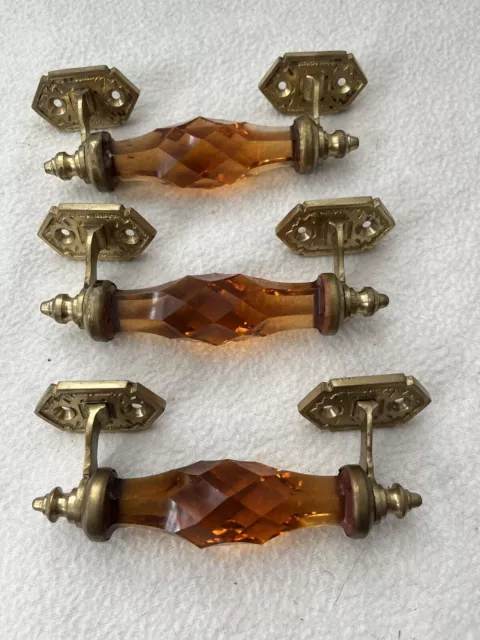 Set 3 Vintage Drawer Pulls Orange/Amber GLASS & BRASS Ornate India 6"