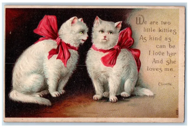 c1910's Cute Cat Kittens Bow Red Ribbon Clivette Embossed Antique Postcard