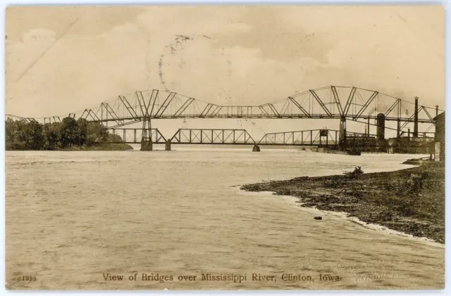 Antique 1910 Sepia Postcard View of RR Bridges Over Mississippi River Clinton IA