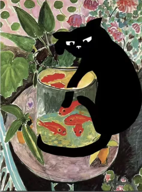 🐈‍⬛Naughty Cat Fish Bowl painting canvas wall Art. Funny black Cat. Must L@@k❤️
