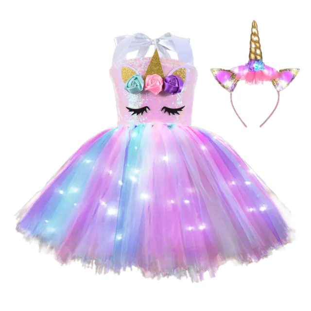 Girl Unicorn Costume LED Light Up Princess Tutu Dress Xmas Birthday Party Outfit