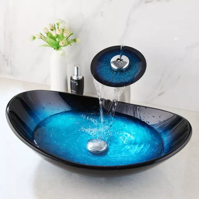 Oval Blue Black Bathroom Glass Vessel Sink Basin Waterfall Mixer Tap Drain Unit