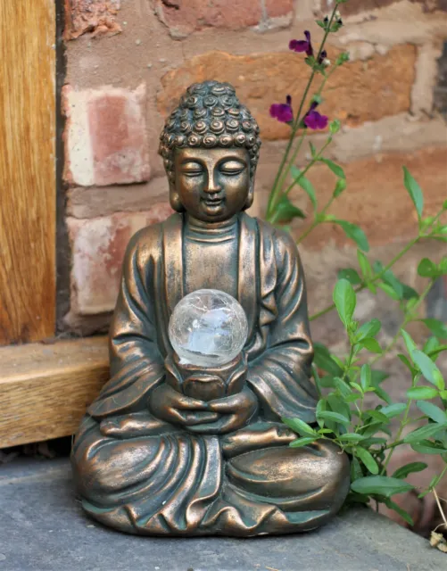 Garden Ornament Solar Buddha ZEN Colour changing Brass Effect Outdoor Indoor