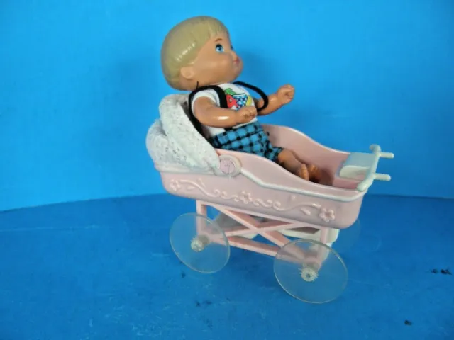Mattel 1998 Tiny Steps Pink Plastic Doll Carriage And Miniature Doll