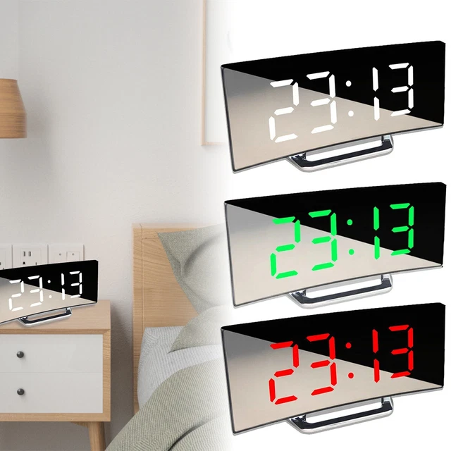 1X Digital LED Desk Alarm Clock Display USB Curved Large Mirror Snooze Gifts