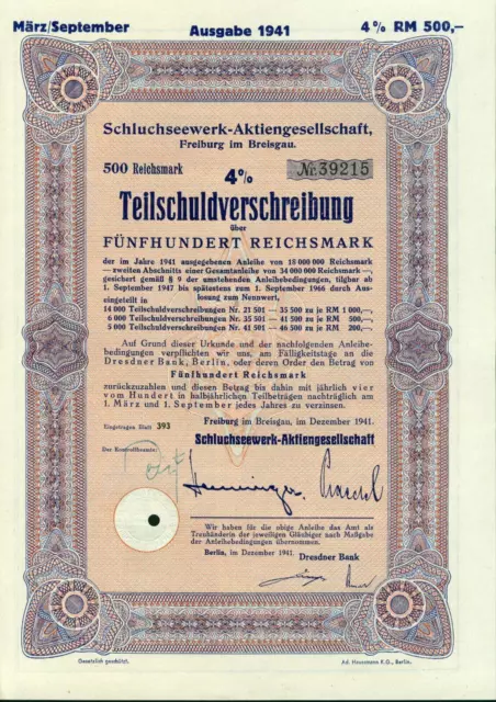 100 Stück Schluchseewerk-Aktiengesellschaft 4 % TSV 1941 500 RM