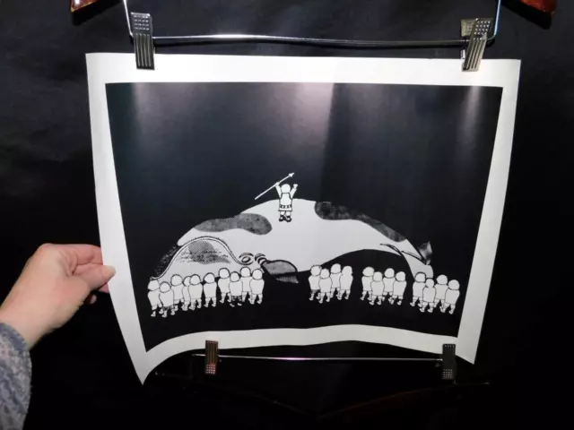 Vtg 1984 Alaska Inuit Eskimo Whale Hunt Art Print Black White Signed Harpoon AK