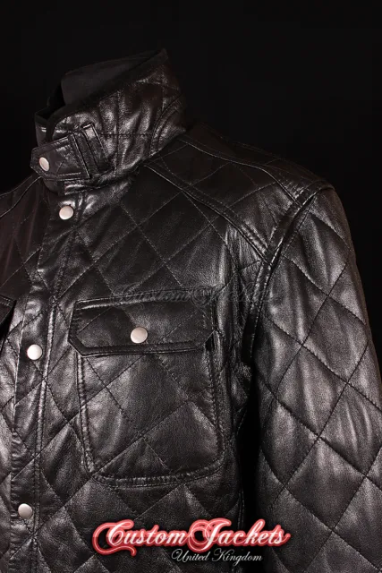 Men's NORFOLK Black Diamond QUILTED Winter Puffer Lambskin Leather Jacket Coat 7