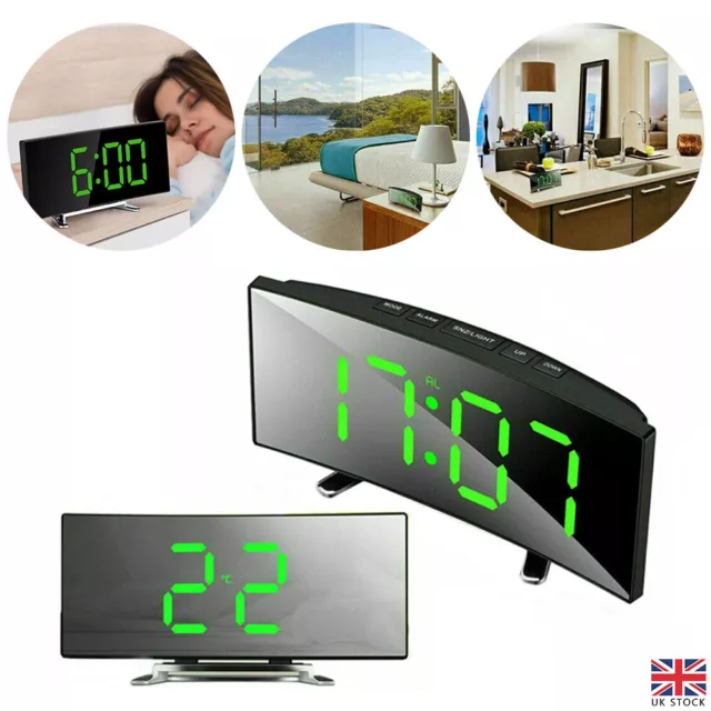 Digital LED Desk Alarm Clock Display USB Curved Large Mirror Snooze Temperature