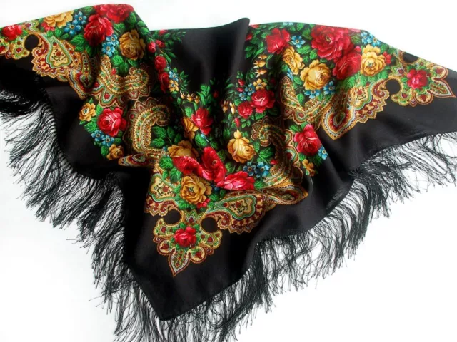 779-18 women black scarf Pavlovo Posad 100% merino wool shawl wrap Lady kerchief