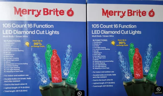 2x Merry Brite 105 Ct LED Multicolor String Lights 16 Function Diamond Cut Bulb