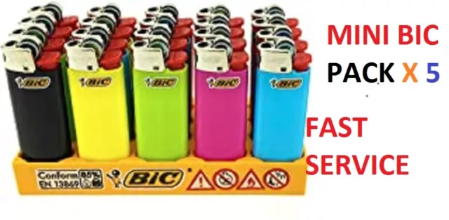 5 X BIC MINI LIGHTER Long Lasting Small MINI CIG Lighter Solid Colour FAST SERVC