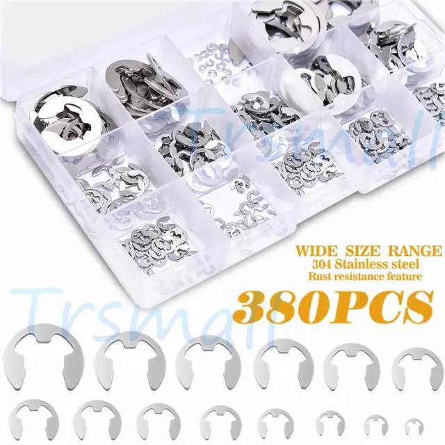 380Pcs 14 Sizes Stainless Steel E-Clip Circlip Kit Retaining Ring Assortment Set