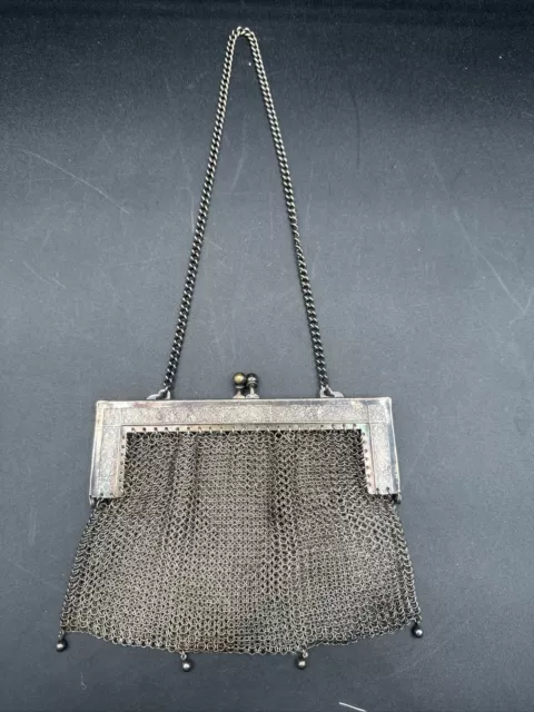 Antique Art Nouveau Engraved German Silver Chainmail Mesh Evening Bag Purse