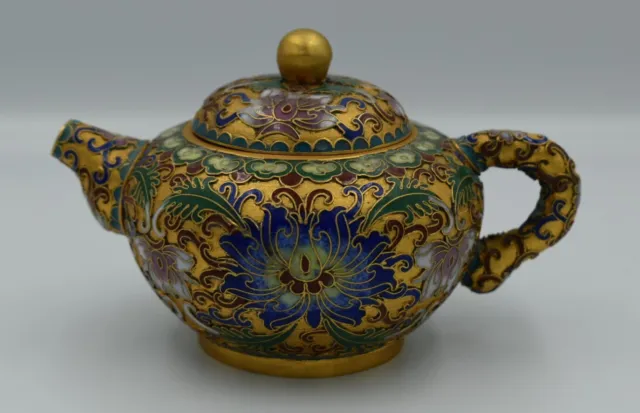 Vintage Chinese Cloisonne Floral Enamel Teapot Small Beautiful Brass Blue Gold