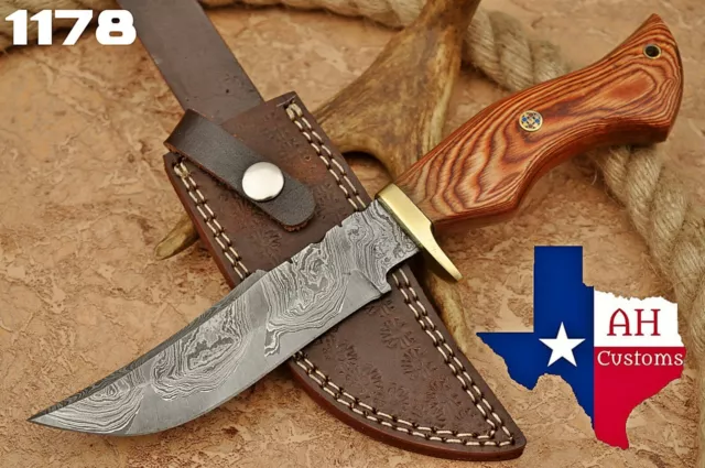 Hand Forged Damascus Steel Hunting Knife W/ Stain Wood & Brass Guard Handle 1178