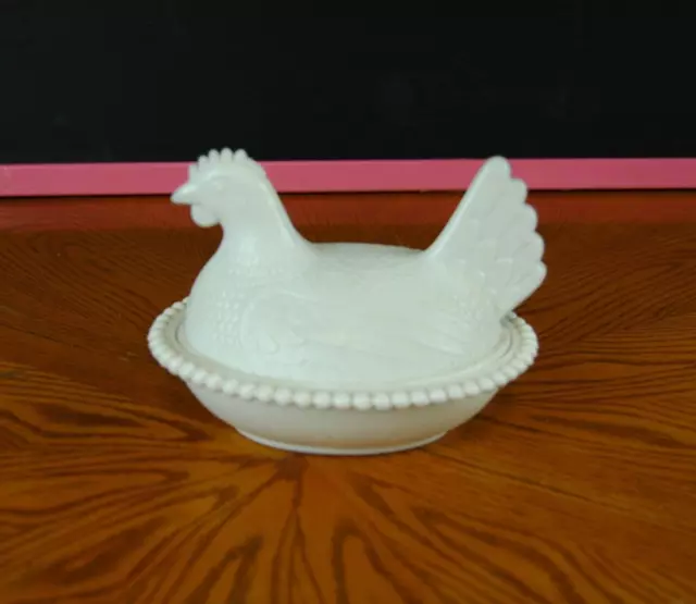 Vintage Indiana White Milk Glass Beaded Chicken Hen on Nest Covered Cand Trinket