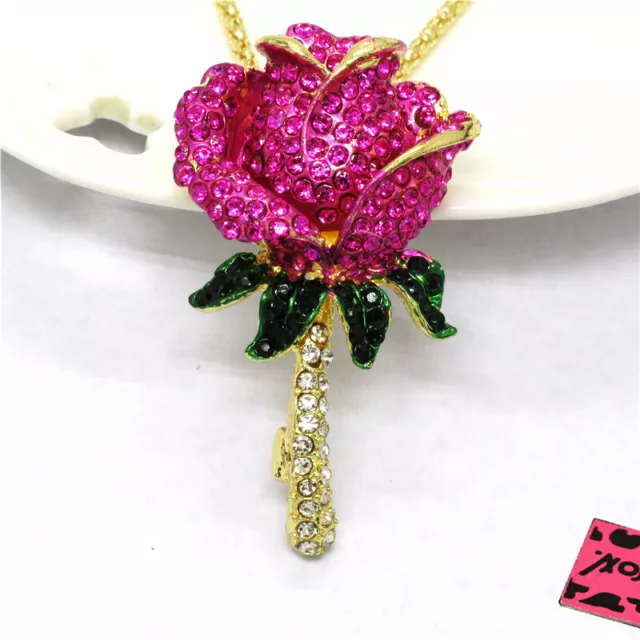 New Betsey Johnson Pink Crystal Rhinestone Rose Flower Pendant Chain Necklace