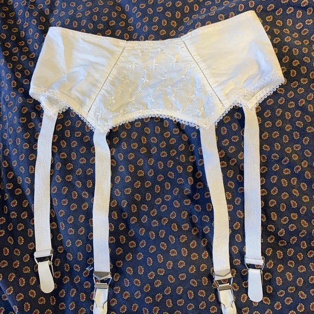 Vintage NOS Garter Belt suspenders Metal Clips White floral embroidered Sz 22