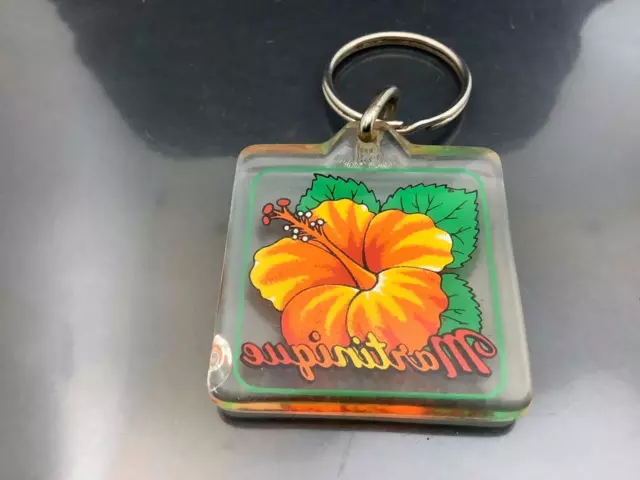 Vintage Souvenir Keyring MARTINIQUE Keychain ORANGE FLOWER Ancien Porte-Clés 3