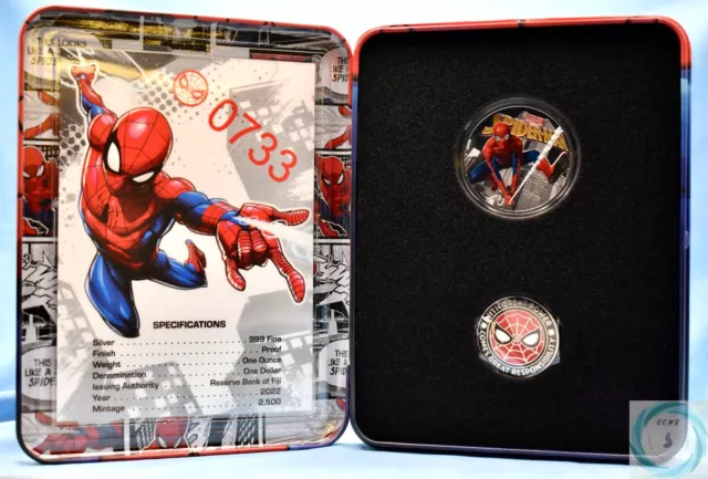 2022 $1 Fiji 1oz Pure Silver Marvel Spiderman Proof Coin