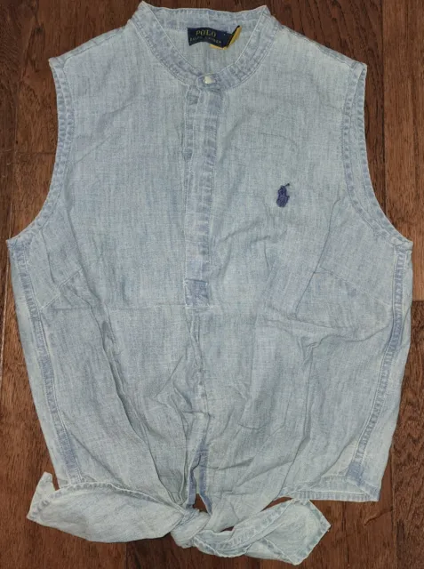 NWOT Polo Ralph Lauren Women's Chambray Tie Front Sleeveless Top Navy Blue Pony