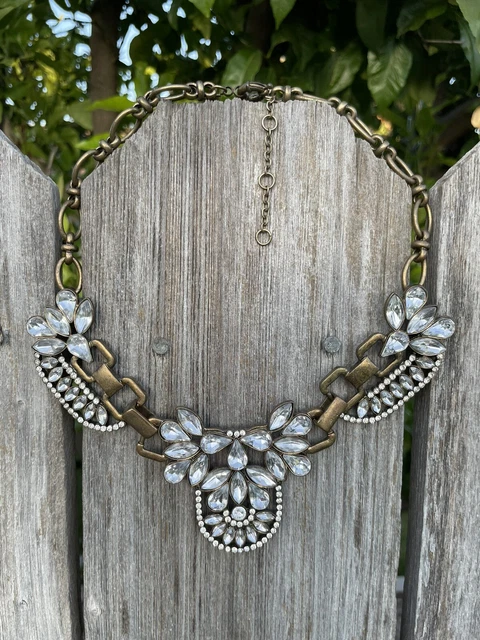 Vintage Necklace Boho Bronze Tone Chain Clear Rhinestones