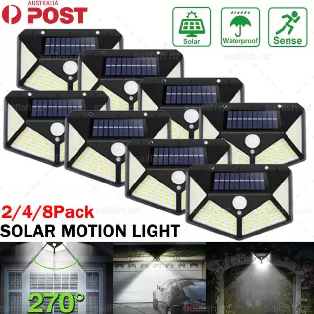2/4/8Pcs 100 LED Solar Power Motion Wall Light Outdoor Security Sensor Garden AU