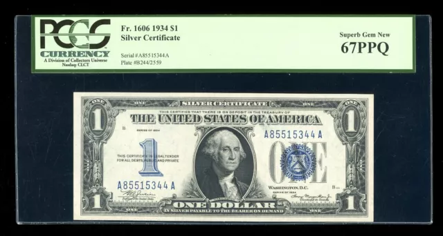 DBR 1934 $1 Silver Superb Gem Fr. 1606 AA Block PCGS 67 PPQ Serial A85515344A