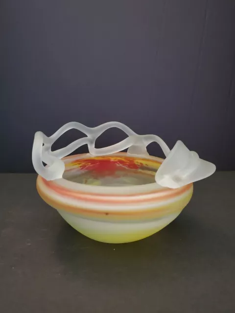Handblown Satin Art Glass Bowl with Yellow & Orange Swirls Decorative Art Glass