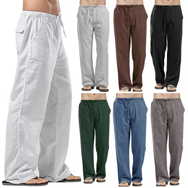 Mens Cotton Linen Baggy Trousers Elastic Waist Wide Leg Casual Loose Harem Pants