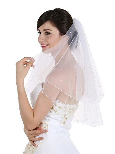 SAMKY 2T 2 Tier Pencil Edge Rhinestone Crystal Bridal Veil - Light Ivory Elbo...