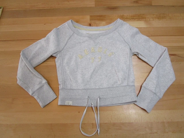 American Eagle Fleece Sweater Womens Gray Cropped Hoodie Soft Pullover