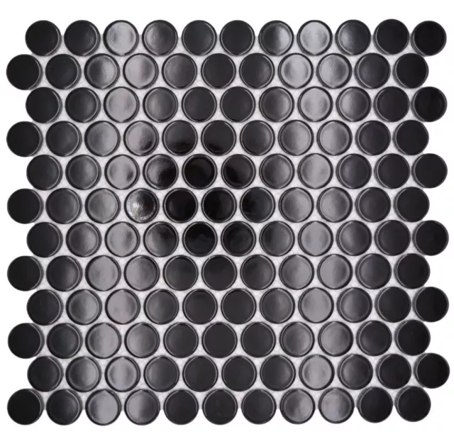 Azulejos de mosaico de cerámica botón Loop Penny redondo liso negro brillante | 10 alfombras