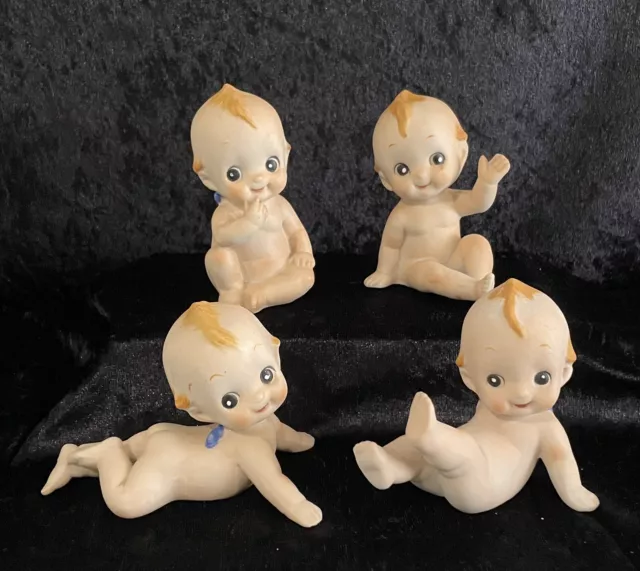 Set Of 4 Kewpie Baby Figurines Bisque Porcelain Blue Wing Lefton Vintage Taiwan