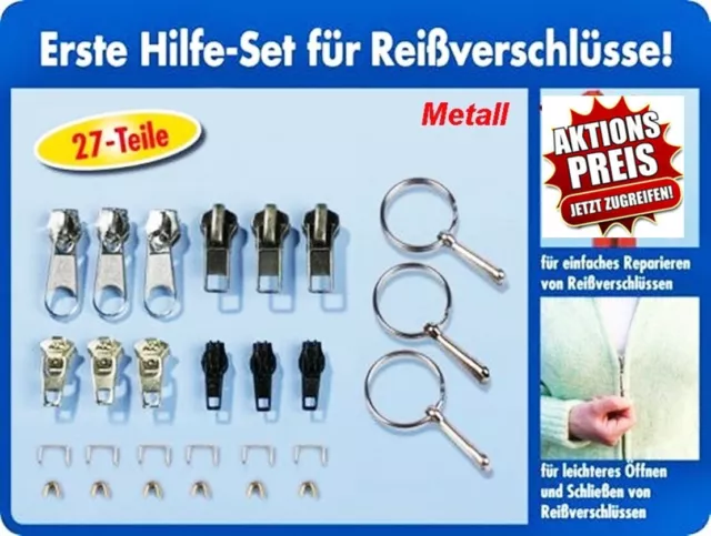 Reißverschluss Reparaturset 27 Teilig Zipper Schieber inkl. Greifringe Metall