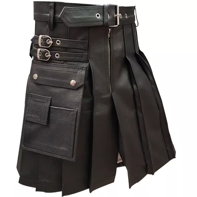 Mens Real Leather Kilt Black Scottish Gladiator Utility Pleated Flat Front LARP