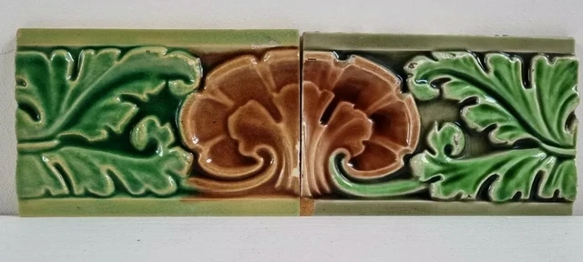 Two 6” x 3” Vibrant Reclaimed Antique Majolica Fireplace Tiles